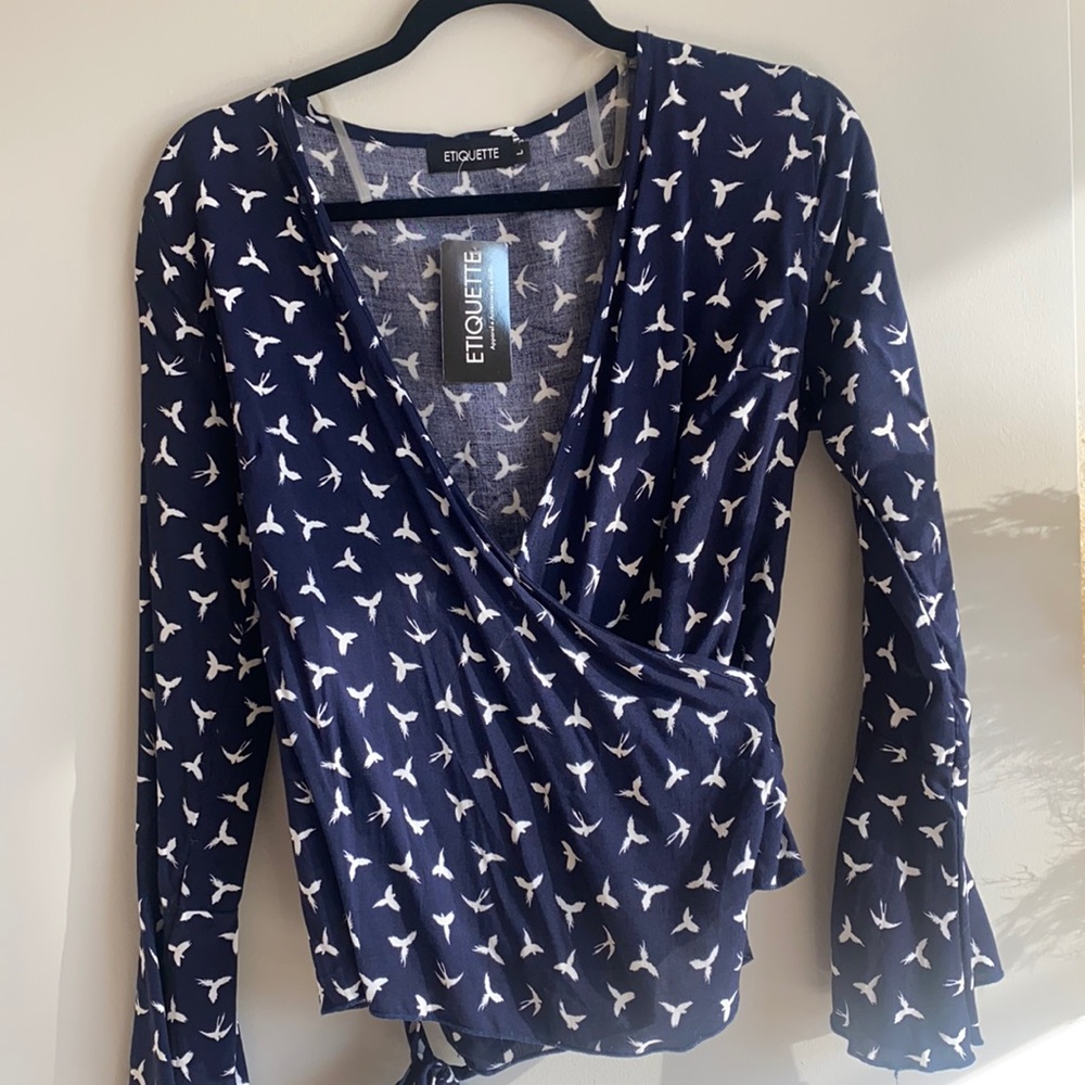 Navy Blue long sleeved wrap top w/ birds